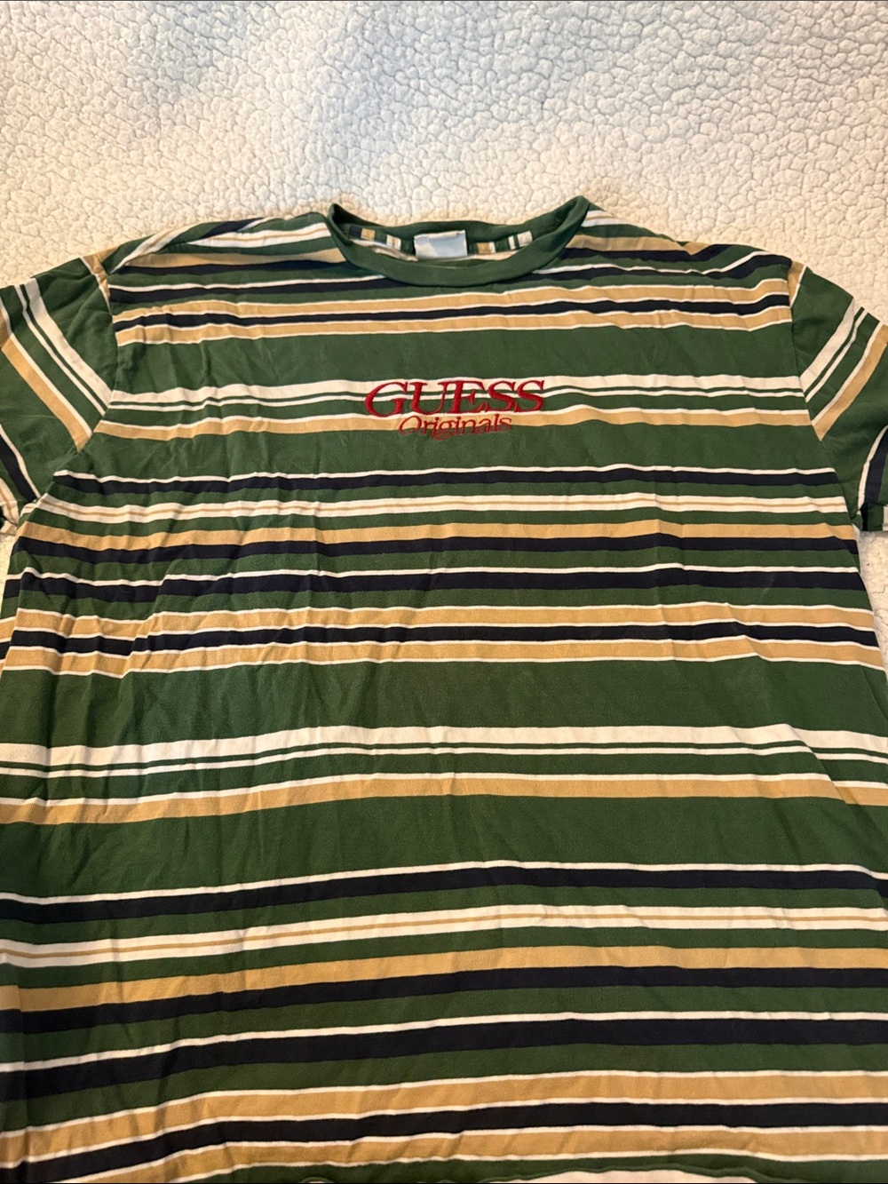 GUESS Green Striped Short-Sleeve Tee with Red Logo